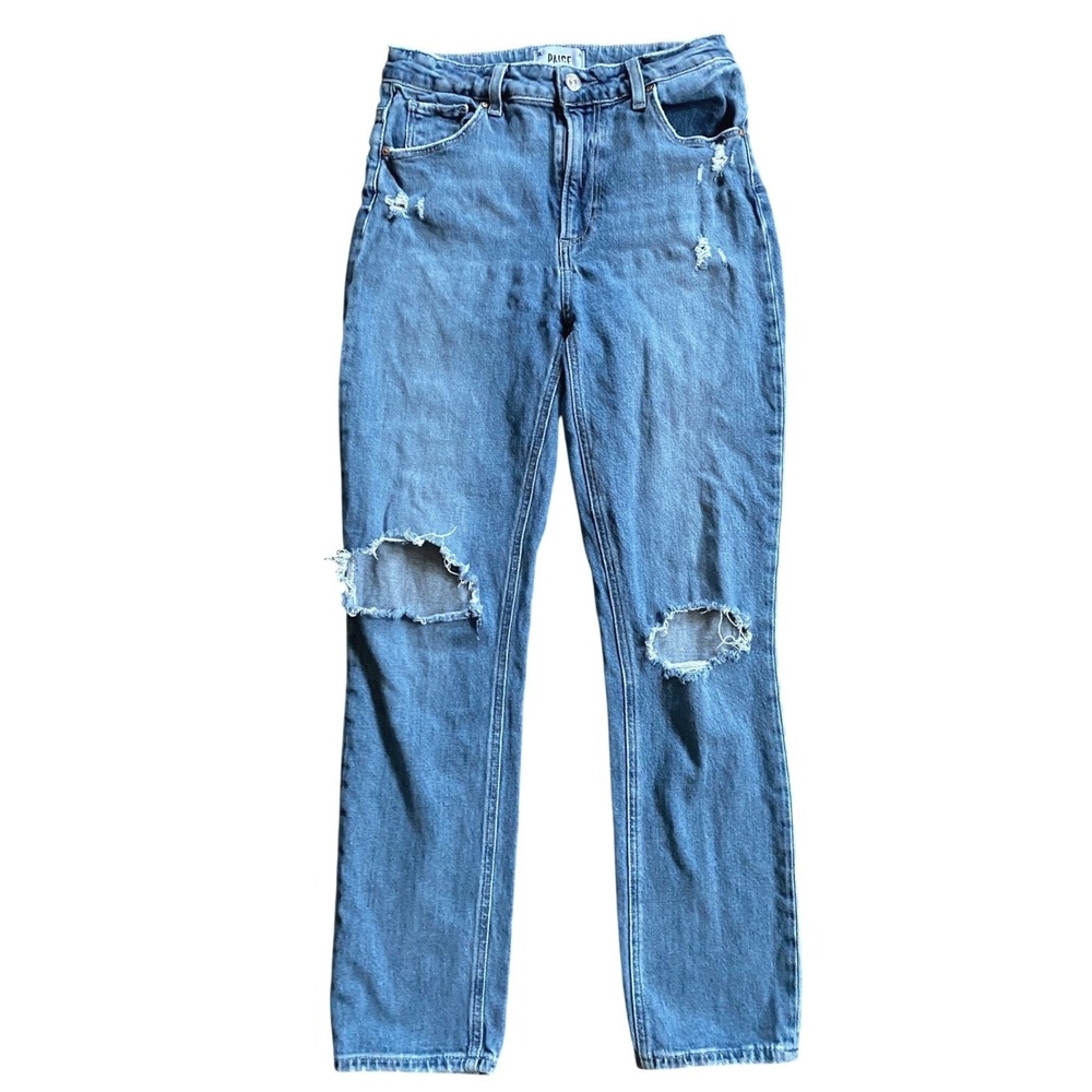 Paige Sarah Slim High Rise Straight Jeans Ware Destructed Blue Distressed 27